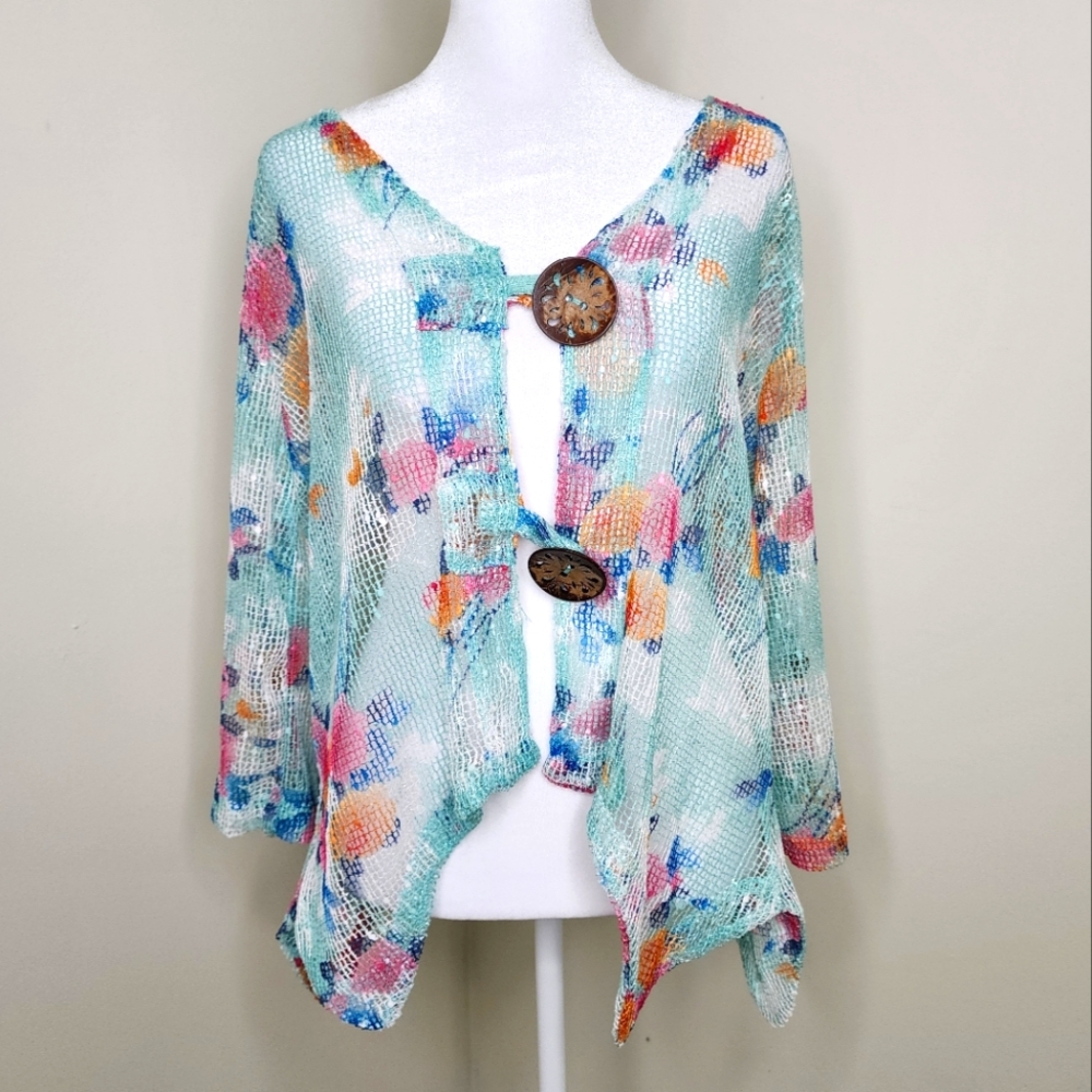 Nina Leonard Floral Mint Green Wooden Button-Front Open Knit Beach Cover-up Larg